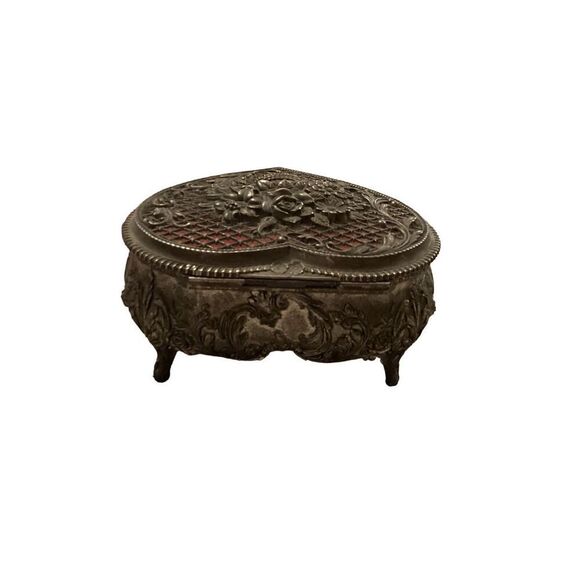 Time For Us Vintage Silver tone Metal Trinket Jewelry Box Flower Heart 3 Footed - Picture 8 of 13